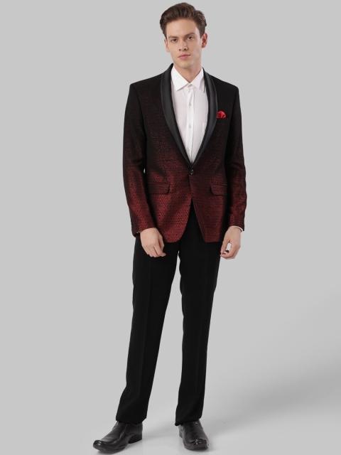 

Ethnix By Raymond Men Maroon & Black Self Design Suit