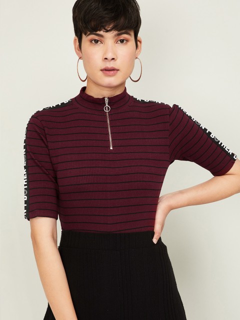 

Smiley World Women Burgundy Striped High Neck T-shirt