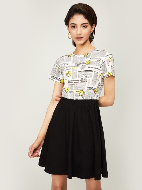 

Smiley World Women Off-White & Black Printed Fit and Flare Dress