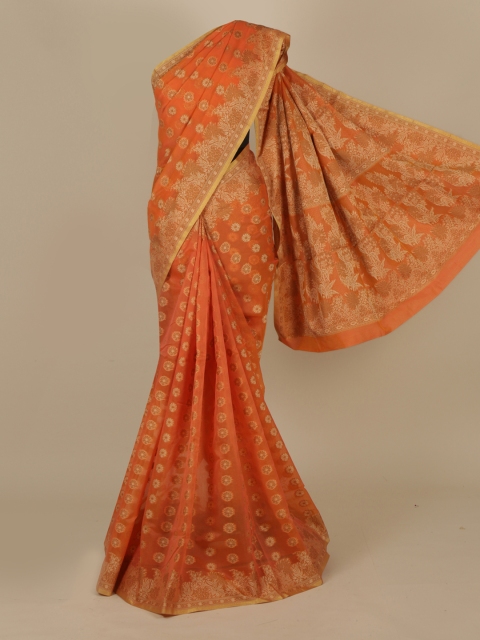 Pothys Orange & Gold-Toned Cotton Blend Woven Design Saree