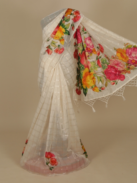 

Pothys White & Cream-Coloured Cotton Blend Printed Saree