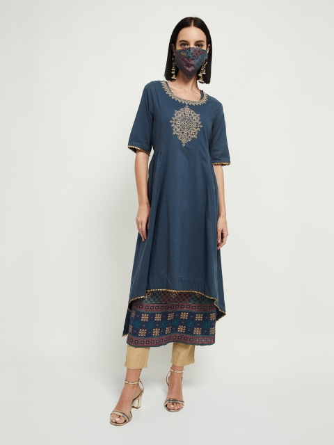 

max Women Blue Printed A-Line Kurta