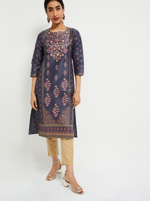 

max Women Blue & Yellow Printed A-Line Kurta