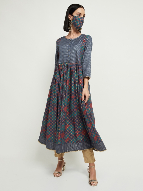 

max Women Blue Beige Printed Anarkali Kurta