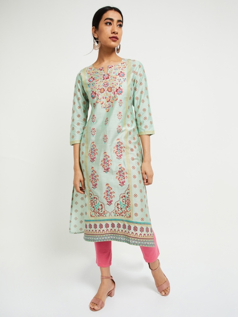 

max Women Green Printed Straight Kurta