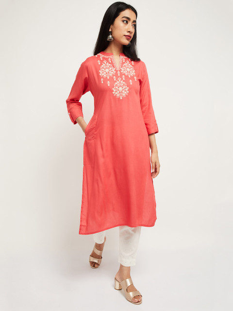 

max Women Pink & Off-White Printed Straight Kurta