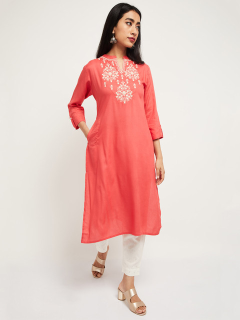 

max Women Pink & White Yoke Design Straight Kurta