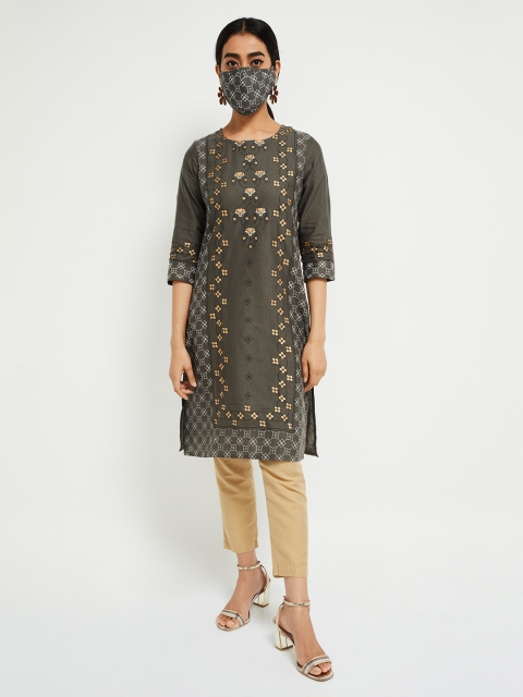 

max Women Grey Beige Printed Straight Kurta