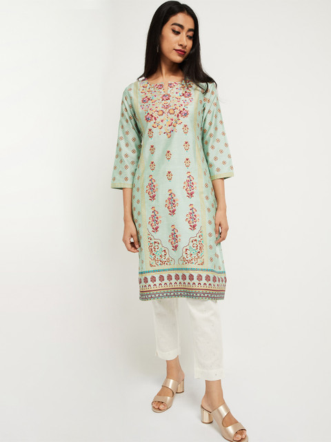 

max Women Green Printed Straight Kurta