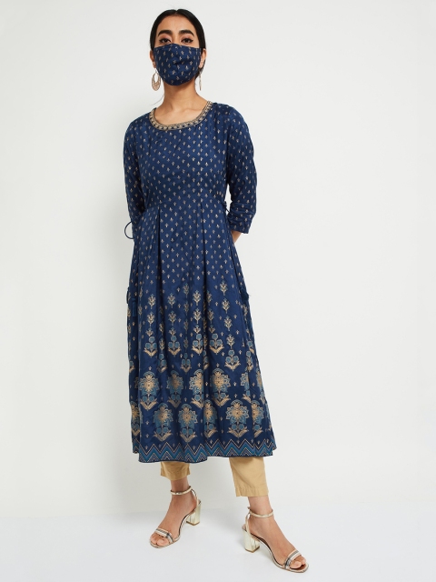 

max Women Blue Embroidered A-Line Kurta