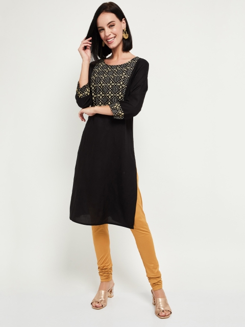 

max Women Black & Beige Embroidered Straight Kurta