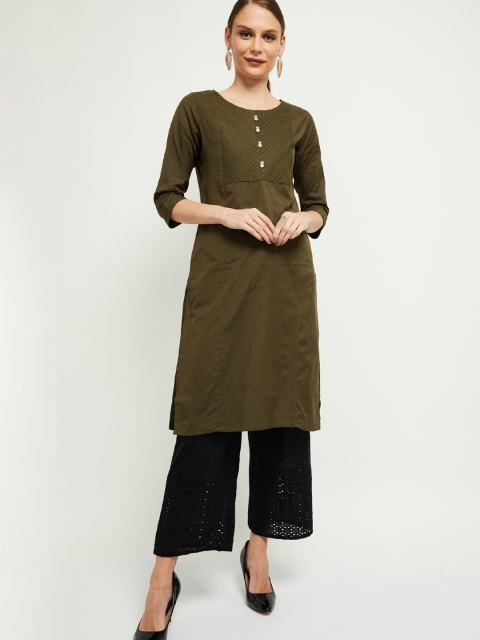 

max Women Olive Green Solid Straight Kurta