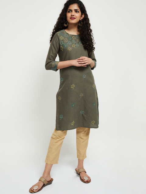 

max Women Grey & Blue Embroidered A-Line Kurta