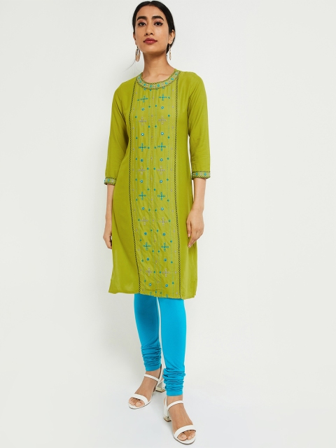 

max Women Green Embroidered Straight Kurta