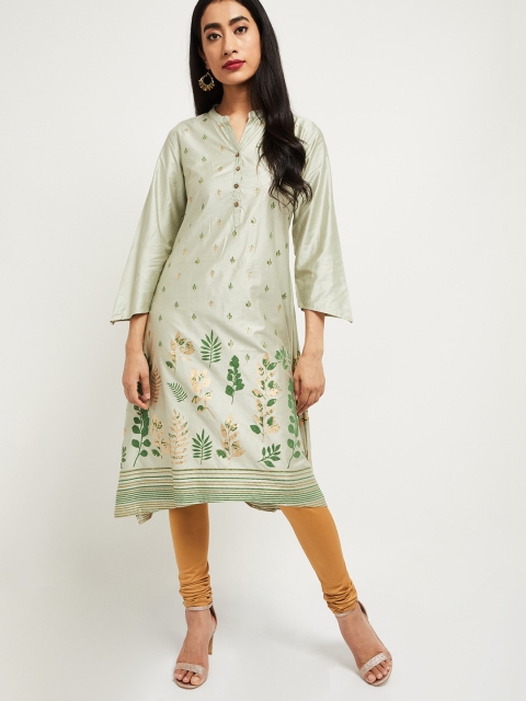 

max Women Green & Gold-Toned Printed A-Line Kurta