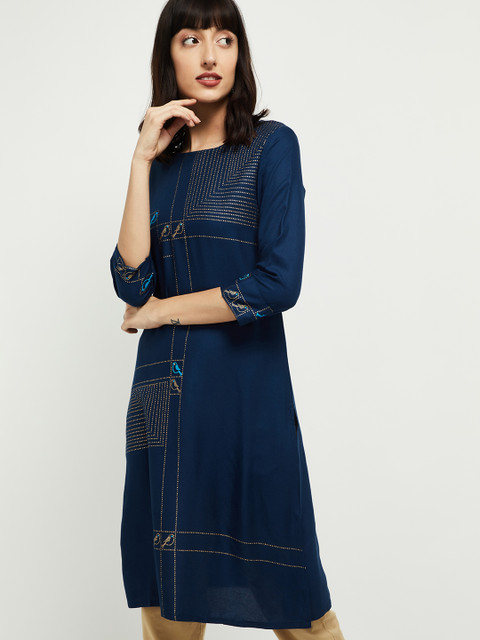 

max Women Blue Printed Straight Kurta