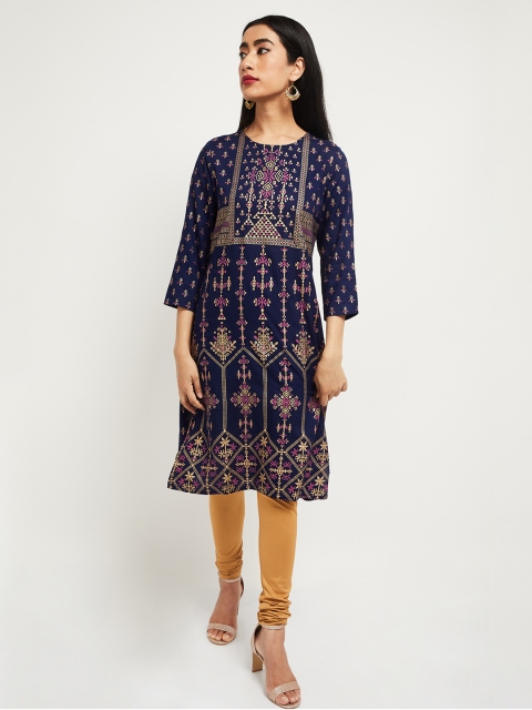 

max Women Navy Blue & Pink Printed Straight Kurta