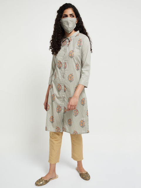 

max Women Grey & Off-White Printed A-Line Kurta & 2-Ply Cloth Mask