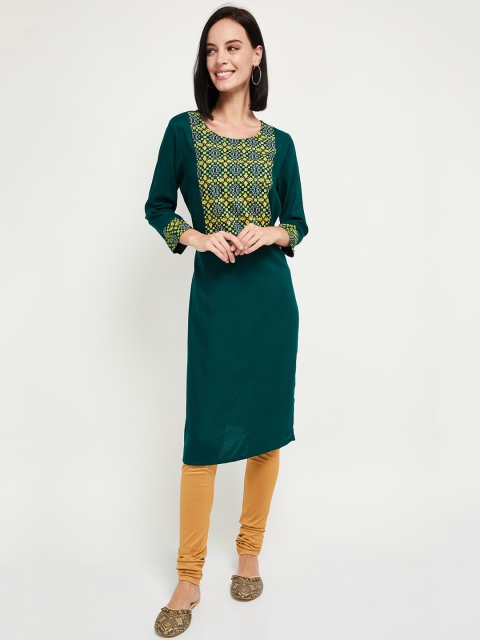 

max Women Green Printed A-Line Kurta