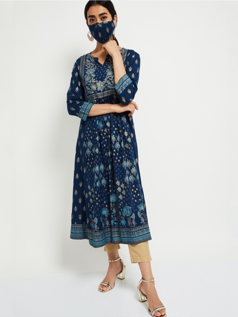 

max Women Blue Printed A-Line Kurta