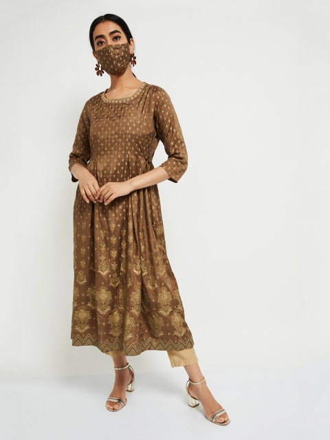 

max Women Brown & Gold-Toned Embroidered Anarkali Kurta