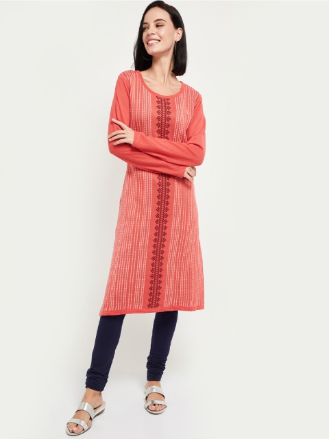 

max Women Coral Orange & White Printed Straight Kurta