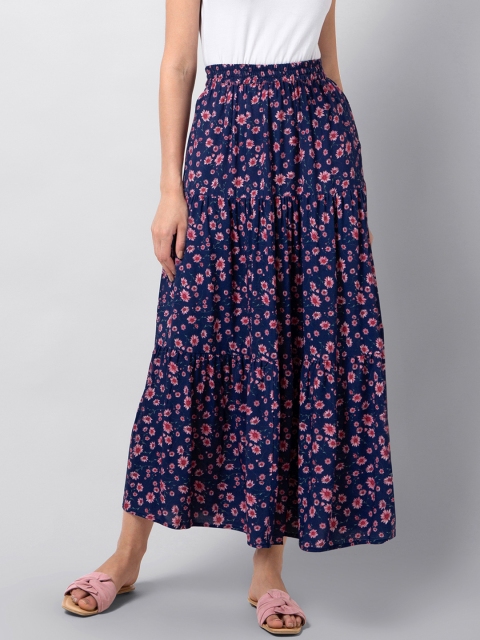 

FabAlley Women Blue & Pink Floral Printed Tiered Maxi Pure Cotton Skirt