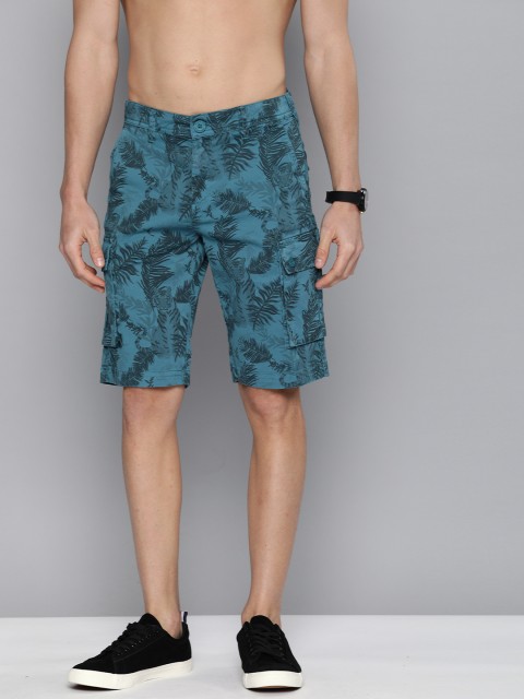 

HERE&NOW Men Teal Blue Printed Slim Fit Cargo Shorts