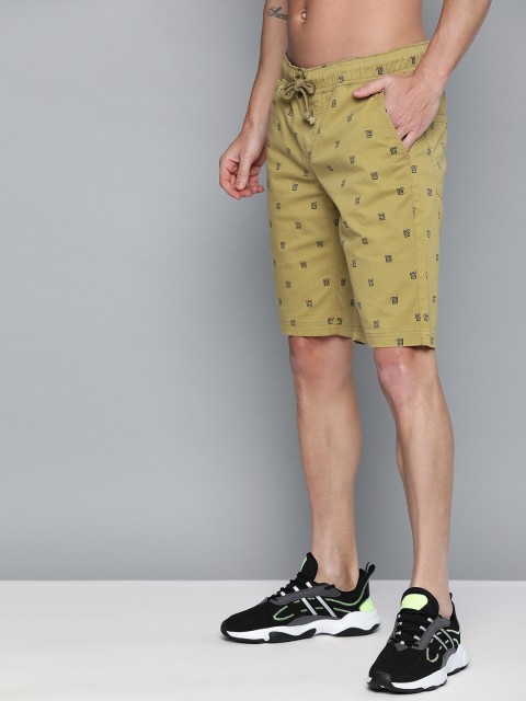 

HERE&NOW Men Mustard Yellow & Black Printed Regular Fit Chino Shorts