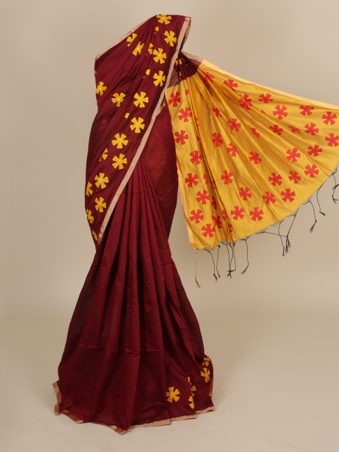 

Pothys Maroon & Yellow Cotton Blend Printed Saree