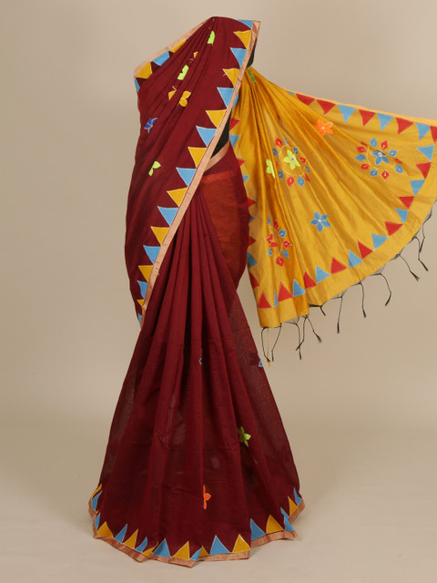 

Pothys Maroon & Yellow Cotton Blend Woven Design Saree