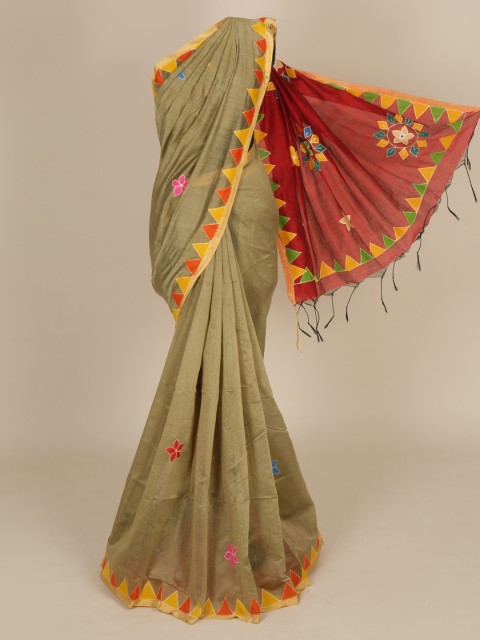 

Pothys Olive Green Embroidered Cotton Blend Saree