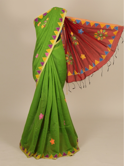 

Pothys Green & Red Cotton Blend Embroidered Saree