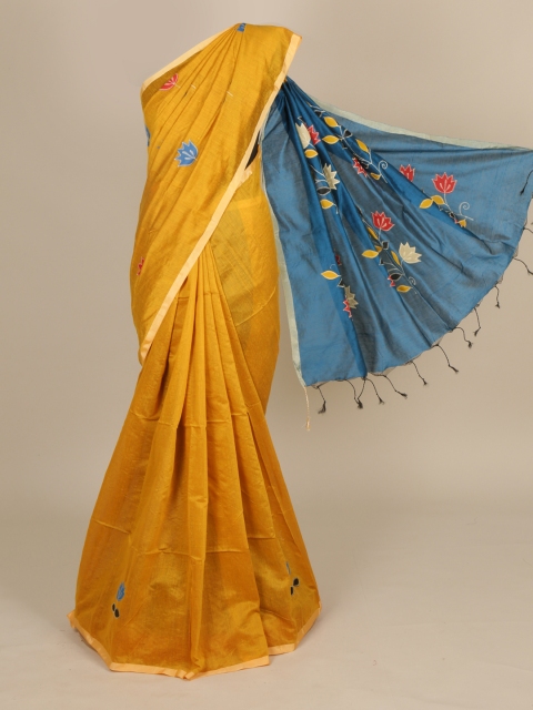 

Pothys Yellow & Blue Cotton Blend Woven Design Saree