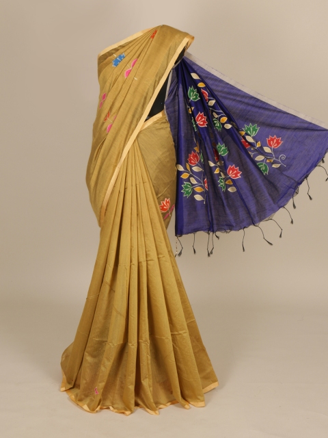 

Pothys Cream-Coloured & Navy Blue Cotton Blend Woven Design Saree