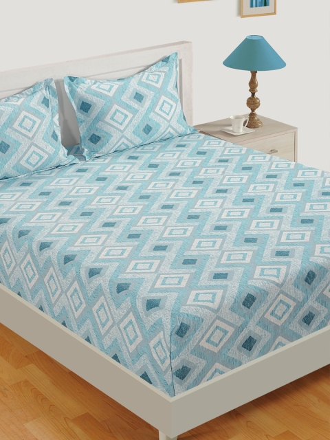 

SWAYAM Blue Geometric 144 TC Cotton 1 Queen Bedsheet with 2 Pillow Covers