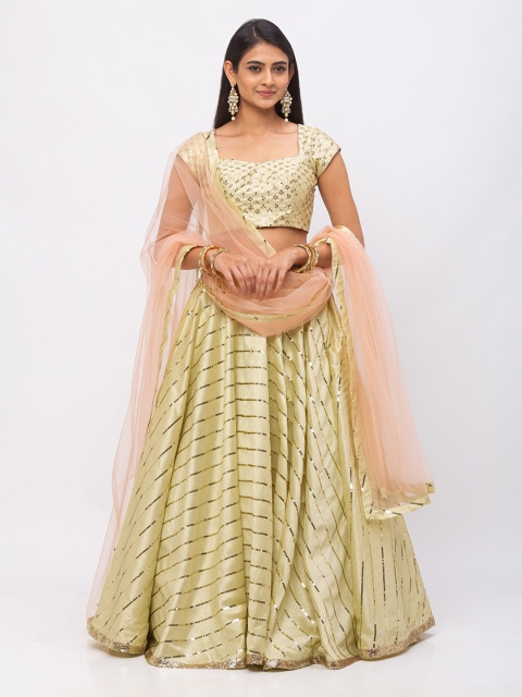 

6Y COLLECTIVE Green & Peach-Coloured Embellished Ready to Wear Lehenga & Unstitched Blouse with Dupatta