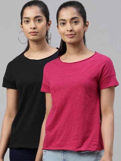 

Kryptic Women Pink & Black Set of 2 Solid Round Neck T-shirt