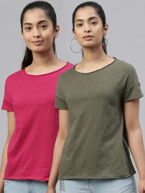

Kryptic Women Olive Green & Pink Solid Set of 2 Solid Round Neck T-shirt