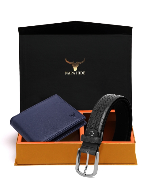 

NAPA HIDE Men Black & Blue RFID Protected Genuine Leather Accessory Gift Set