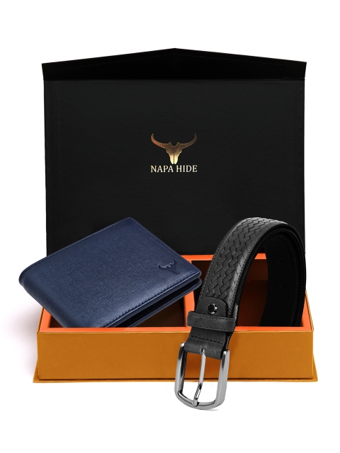 

NAPA HIDE Men Black & Blue RFID Protected Genuine Leather Accessory Gift Set