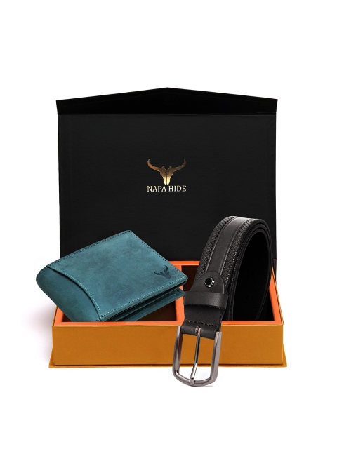 

NAPA HIDE Men Blue RFID Protected Genuine Leather Accessory Gift Set, Black