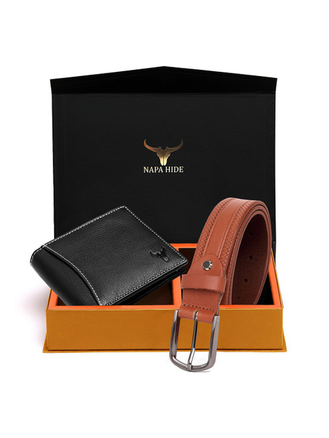 

NAPA HIDE Men Black & Brown RFID Protected Genuine Leather Accessory Gift Set, Tan