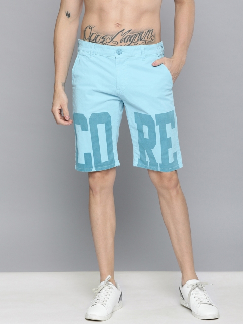 

HERE&NOW Men Turquoise Blue Printed Slim Fit Chino Shorts