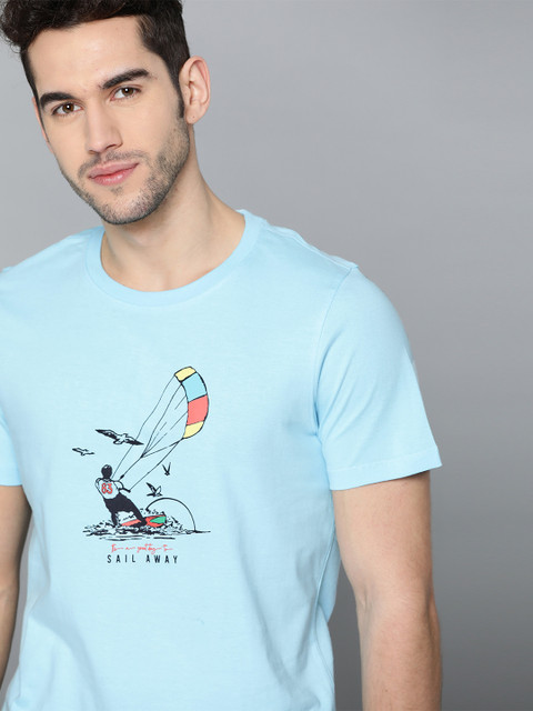 

Mast & Harbour Men Blue Printed Pure Cotton Round Neck T-shirt