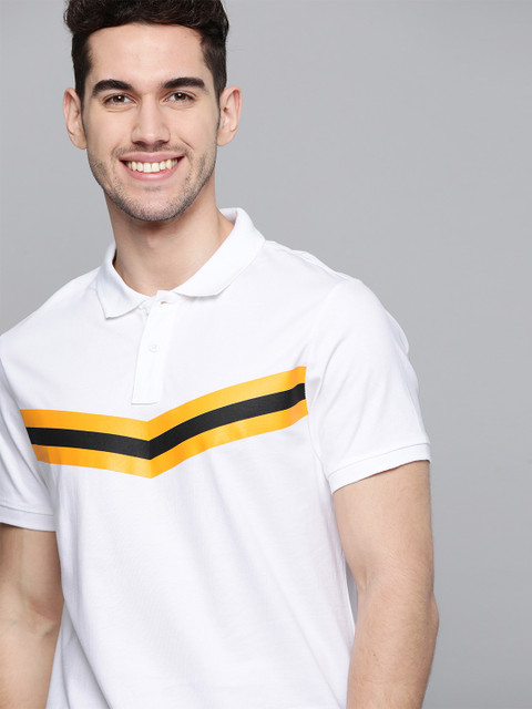 

Mast & Harbour Men White Striped Pure Cotton Polo Collar T-shirt
