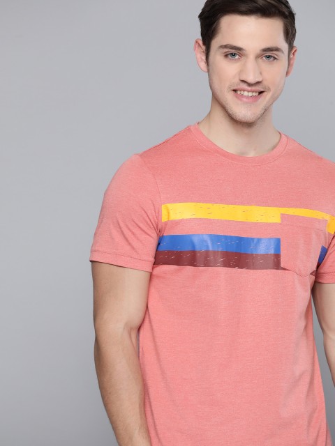 

Mast & Harbour Men Peach-Coloured Pocket Detailing Striped Round Neck T-shirt
