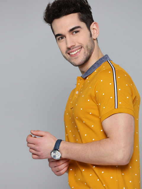 

Mast & Harbour Men Mustard Yellow & White Polka Dots Print Pure Cotton Polo Collar T-shirt