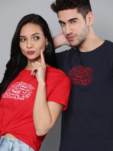 

Mast & Harbour Men Navy Blue Red Printed Pure Cotton Round Neck T-shirt