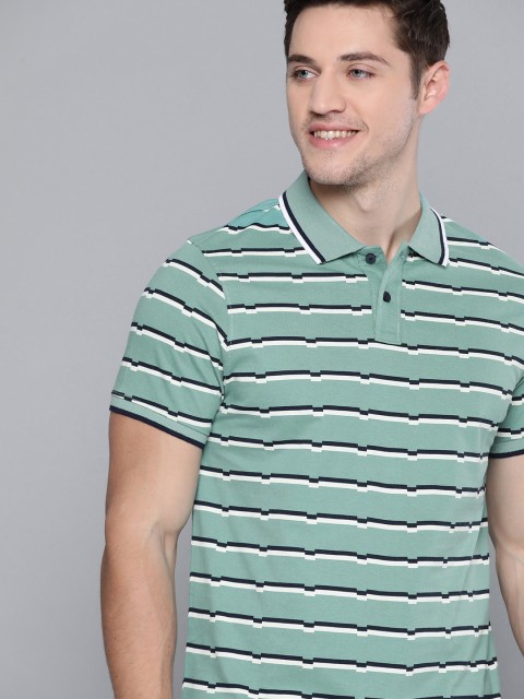 

Mast & Harbour Men Blue & Black Pure Cotton Striped Polo Collar T-shirt